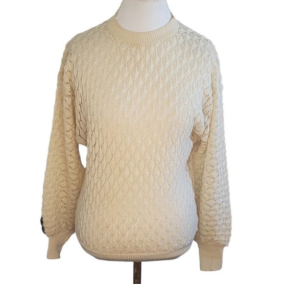 Pointelle Knit Sweater‎ Cream Neutral Pullover Open Knit Thin Sz S/M VTG Ivory - Picture 7 of 15